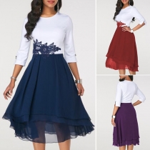 Fashion Contrast Color 3/4 Sleeve Round Neck Lace Spliced Dress