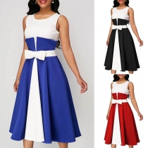 Sweet Style Sleeveless Round Neck Contrast Color Bowknot Dress