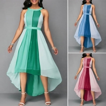 Fashion Contrast Color High-low Hem Halter Chiffon Dress