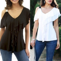 Sexy Off-shoulder V-neck Solid Color Ruffle Top 