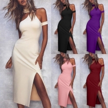 Sexy Off-shoulder Slit Hem Solid Color Slim Fit Halter Dress