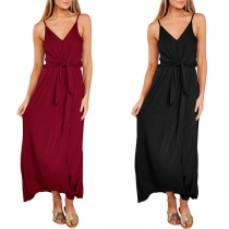 Sexy Backless V-neck Solid Color Sling Maxi Dress
