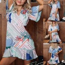 Fresh Style Short Sleeve V-neck Ruffle Hem Printed Dress
