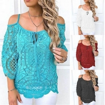 Sexy Off-shoulder 3/4 Sleeve Solid Color Sling Lace Top 