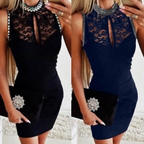 Elegant Style Sleeveless Mock Neck Lace Spliced Slim Fit Dress(It falls small)
