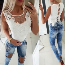 Sexy Backless Sleeveless Round Neck Lace Spliced Top