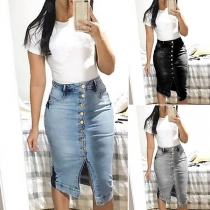 Fashion High Waist Slit Hem Front-button Denim Skirt 