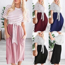 Fashion Striped Spliced Short Sleeve Round Neck Lace-up Dress