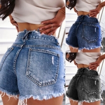 Fashion High Waist Frayed Hem Ripped Denim Shorts 