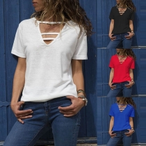 Fashion Solid Color Short Sleeve V-neck T-shirt