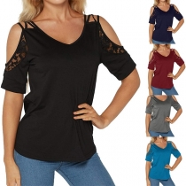 Sexy Off-shoulder Lace Spliced Short Sleeve V-neck T-shirt 