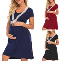 Fashion 3/4 Sleeve V-neck Lace Spliced Maternity Dress
