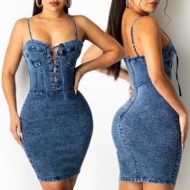 Sexy Backless V-neck Slim Fit Sling Denim Dress