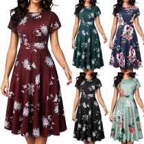 Fashion Short Sleeve Round Neck High Waist Printed Dress