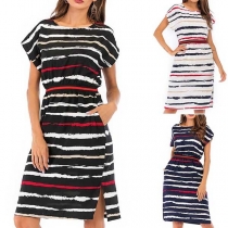 Fashion Short Sleeve Round Neck High Waist Striped Dress