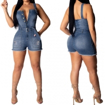 Sexy Backless V-neck High Waist Ripped Sling Denim Romper 