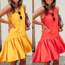 Fashion Solid Color Sleeveless Round Neck Ruffle Hem Dress