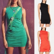 Fashion Sleeveless Round Neck Side Drawstring Slim Fit Dress