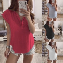 Fashion Solid Color Short Sleeve POLO Collar Blouse 