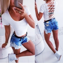 Sexy Lace Spliced Lace-up Backless Short Sleeve Crop Top