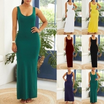 Simple Style Solid Color Sleeveless Round Neck Maxi Dress