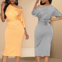 Sexy Oblique Shoulder Short Sleeve Solid Color Party Dress