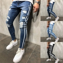Fashion Striped Spliced Ripped Men's Jeans 