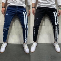 Fashion Striped Spliced Ripped Men's Jeans