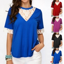 Fashion Lace Spliced Short Sleeve Round Neck T-shirt 
