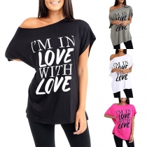 Sexy Oblique Shoulder Short Sleeve Letters Printed T-shirt 