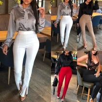 OL Style Solid Color High Waist Slit Hem Pants