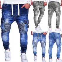 Fashion Middle-waist Side-pocket Wrinkled Men's Jeans