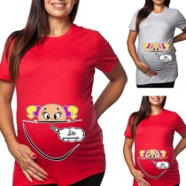 Cute Cartoon Printed Short Sleeve Round Neck Maternity T-shirt