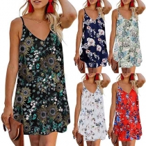 Sexy Backless V-neck Front-button Printed Sling Dress