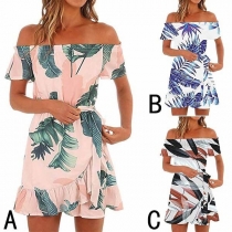 Sexy Off-shoulder Boat Neck Ruffle Hem Printed Dress