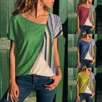 Fashion Contrast Color Oblique V-neck Short Sleeve T-shirt 