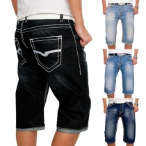 Fashion Low-waist Plaid Spliced Men's Knee-length Denim Shorts