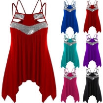 Sexy Backless Irregular Hem Sequin Spliced Sling Top 