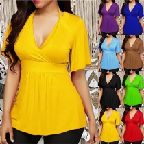 Sexy V-neck Short Sleeve High Waist Solid Color Halter T-shirt 