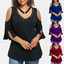 Sexy Off-shoulder Short Sleeve V-neck Solid Color Top 