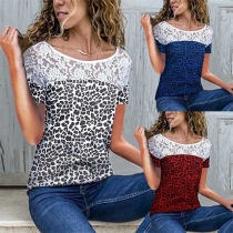 Fashion Short Sleeve Lace Spliced Leopard Printed T-shirt 