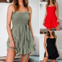 Sexy Backless Ruffle Hem Solid Color Sling Dress