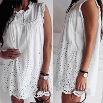 Fashion Solid Color Sleeveless Round Neck Ruffle Hollow Out Dress