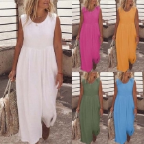 Fashion Solid Color Sleeveless Round Neck High Waist Jumpsuit