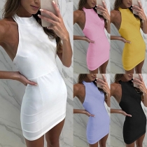 Sexy Off-shoulder Solid Color Slim Fit Halter Dress
