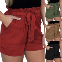 Fashion Solid Color High Waist Shorts with Waist Strap 