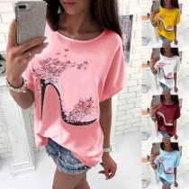 Chic Style Short Sleeve Round Neck Heels Printed T-shirt