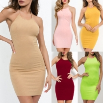 Sexy Backless Solid Color Slim Fit Halter Dress 