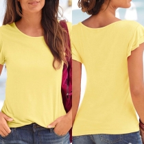 Fashion Solid Color Lotus Sleeve Round Neck T-shirt 