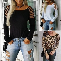 Sexy Hollow Out Long Sleeve Round Neck T-shirt 